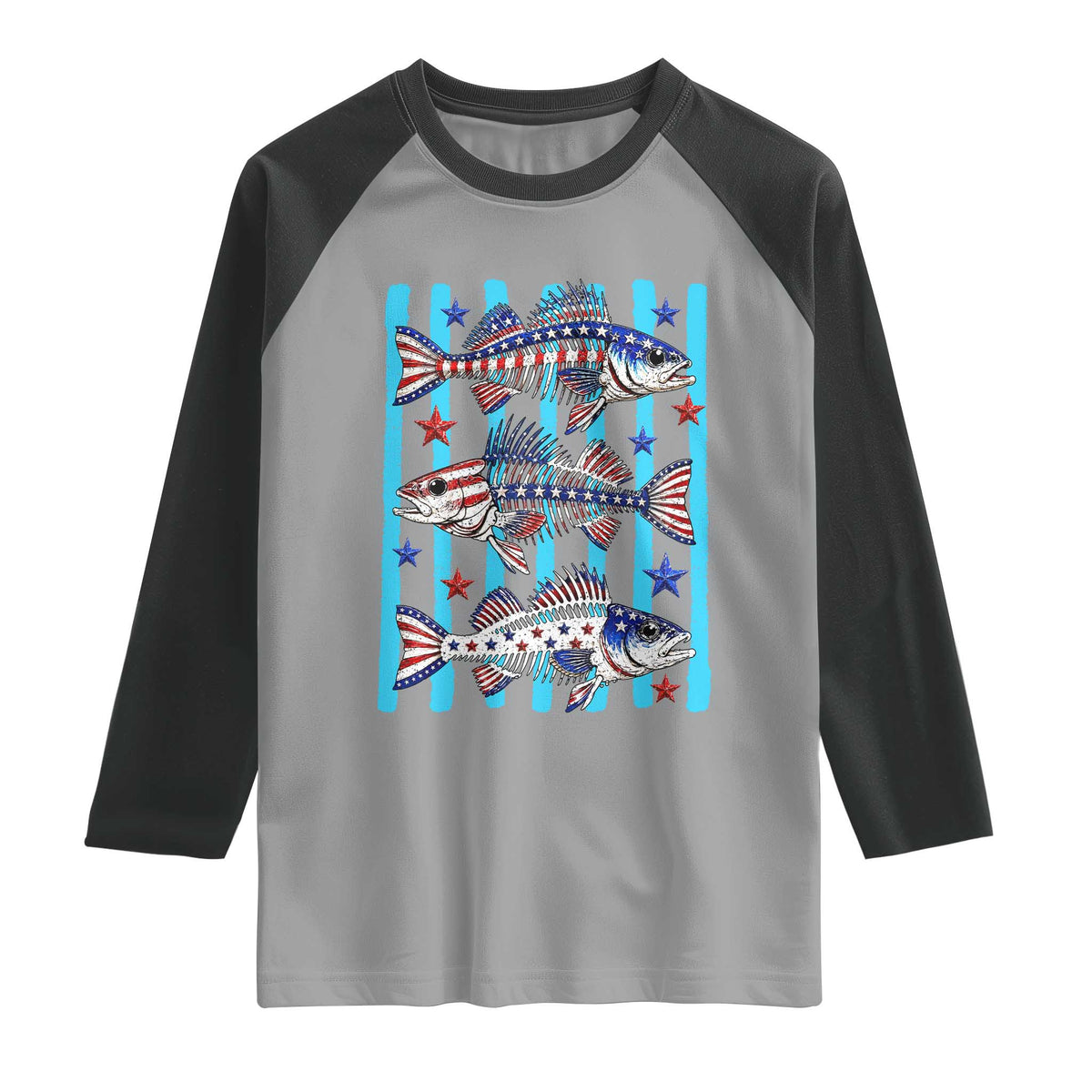 Patriotic Striped Bass Fishing Skeleton Raglan Shirt USA Flag Angler Gift TS12 Sport Gray Black Print Your Wear