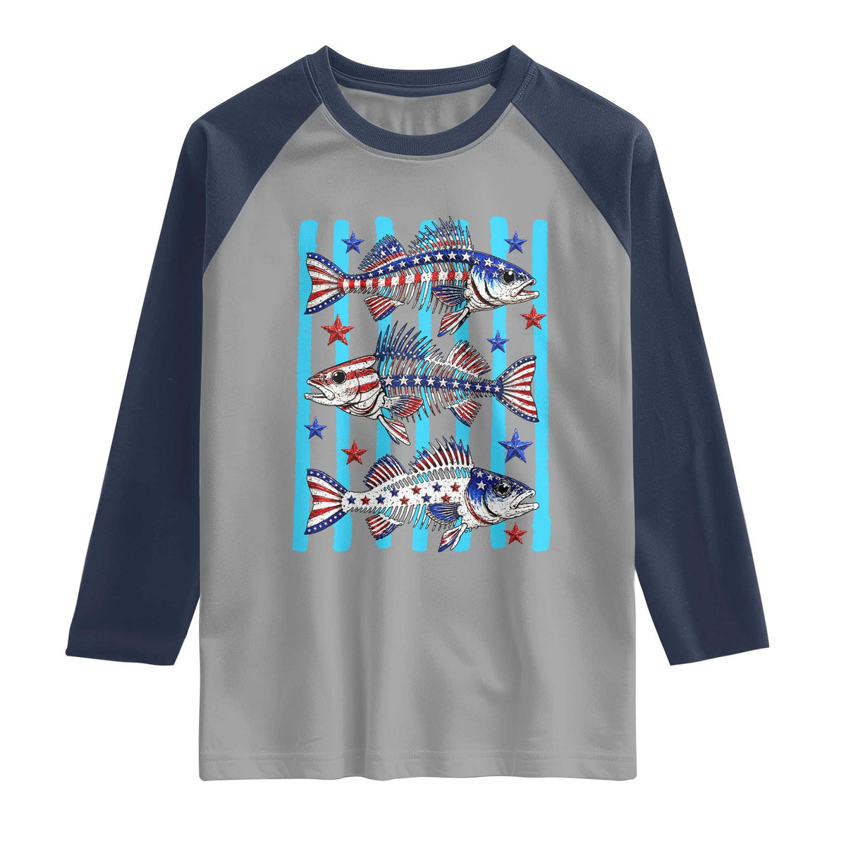 Patriotic Striped Bass Fishing Skeleton Raglan Shirt USA Flag Angler Gift TS12 Sport Gray Navy Print Your Wear