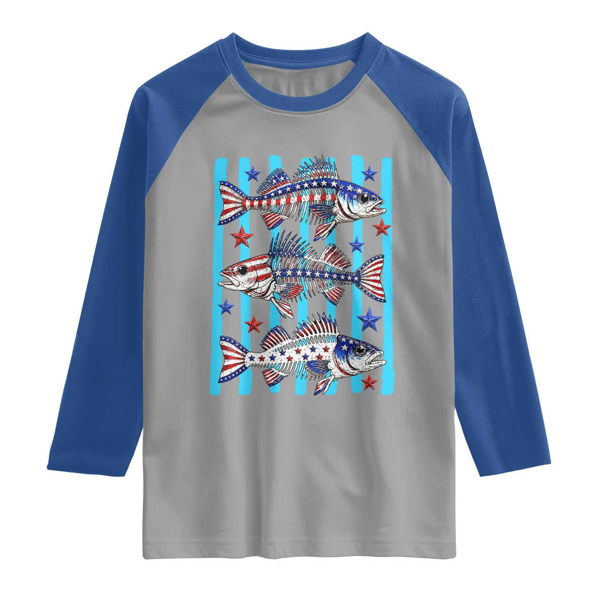 Patriotic Striped Bass Fishing Skeleton Raglan Shirt USA Flag Angler Gift TS12 Sport Gray Royal Print Your Wear