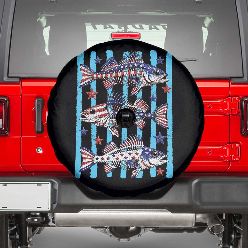 Patriotic Striped Bass Fishing Skeleton Spare Tire Cover USA Flag Angler Gift TS12 Black Print Your Wear