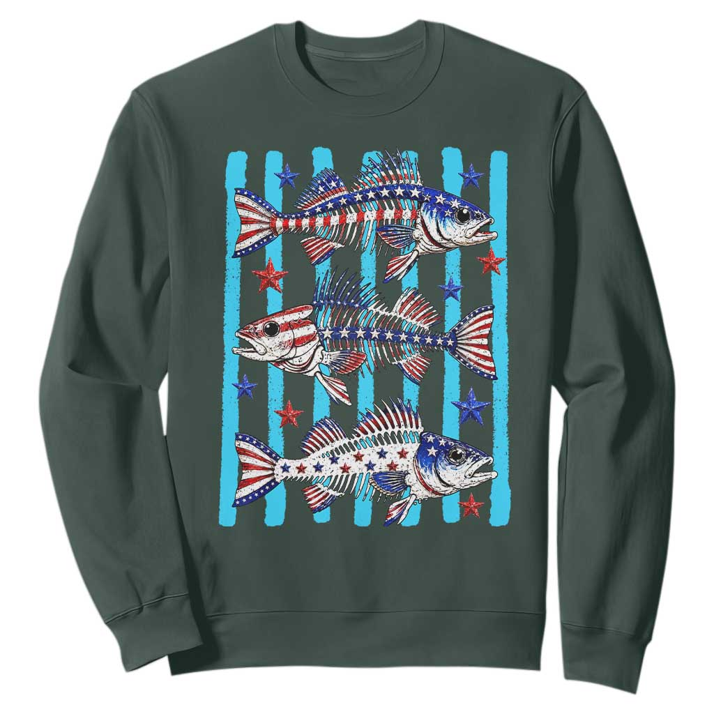Patriotic Striped Bass Fishing Skeleton Sweatshirt USA Flag Angler Gift TS12 Dark Forest Green Print Your Wear