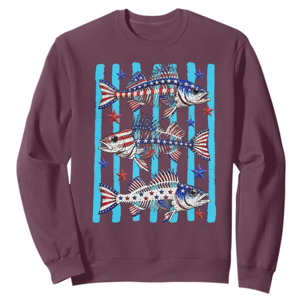 Patriotic Striped Bass Fishing Skeleton Sweatshirt USA Flag Angler Gift TS12 Maroon Print Your Wear