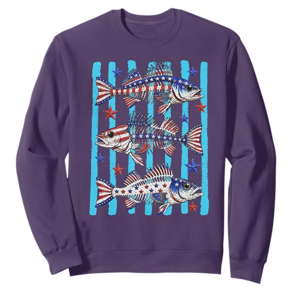 Patriotic Striped Bass Fishing Skeleton Sweatshirt USA Flag Angler Gift TS12 Purple Print Your Wear