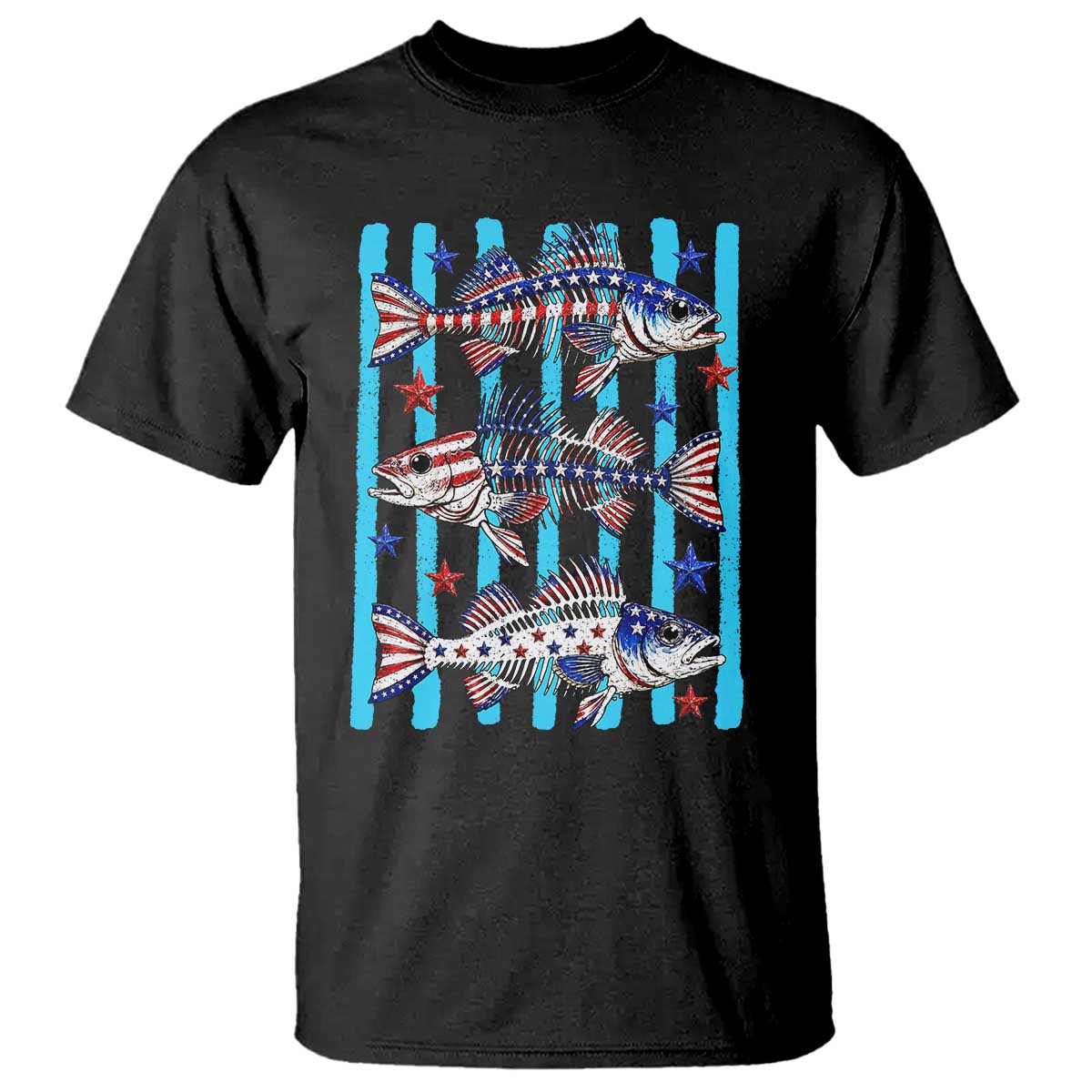 Patriotic Striped Bass Fishing Skeleton T Shirt USA Flag Angler Gift TS12 Black Print Your Wear