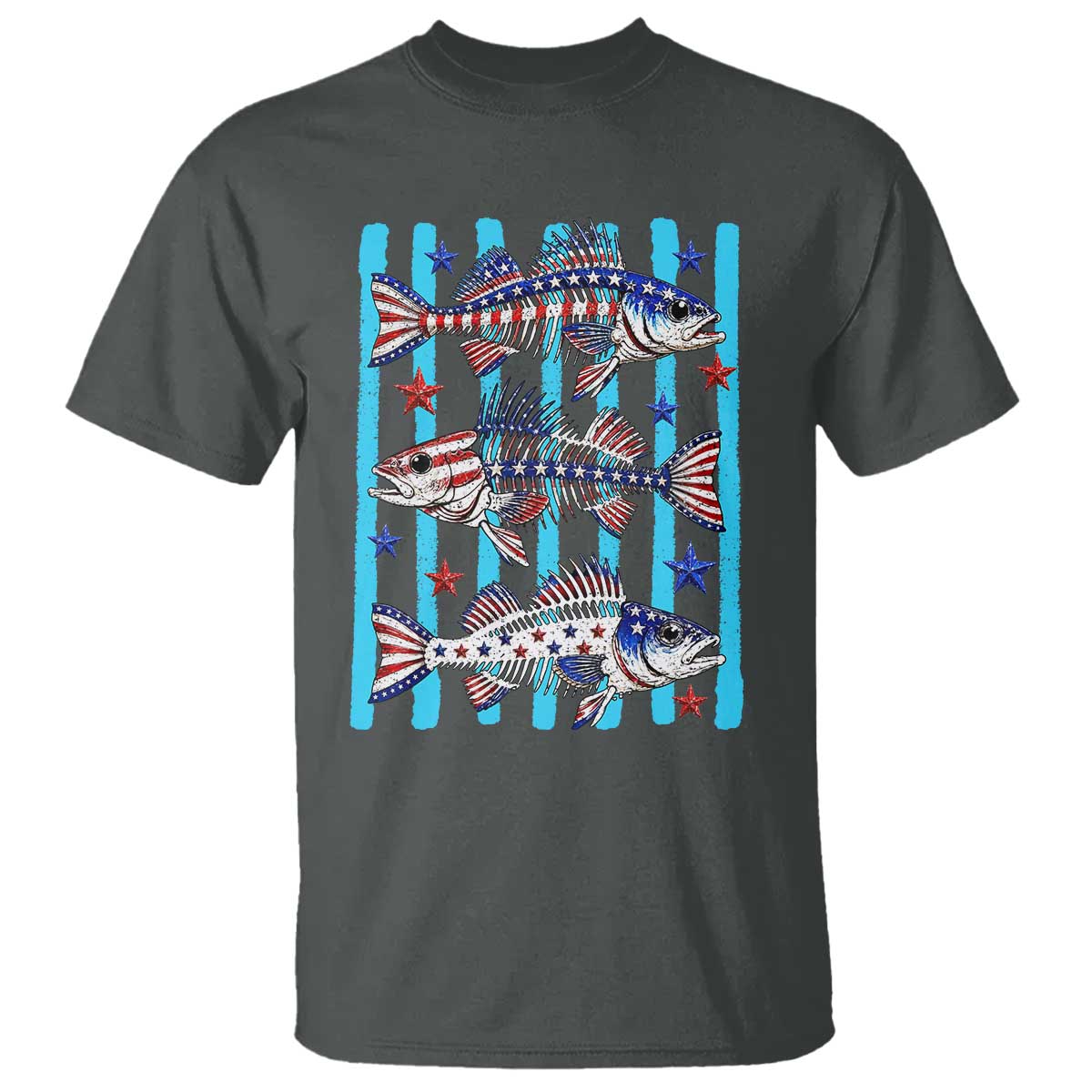 Patriotic Striped Bass Fishing Skeleton T Shirt USA Flag Angler Gift TS12 Dark Heather Print Your Wear