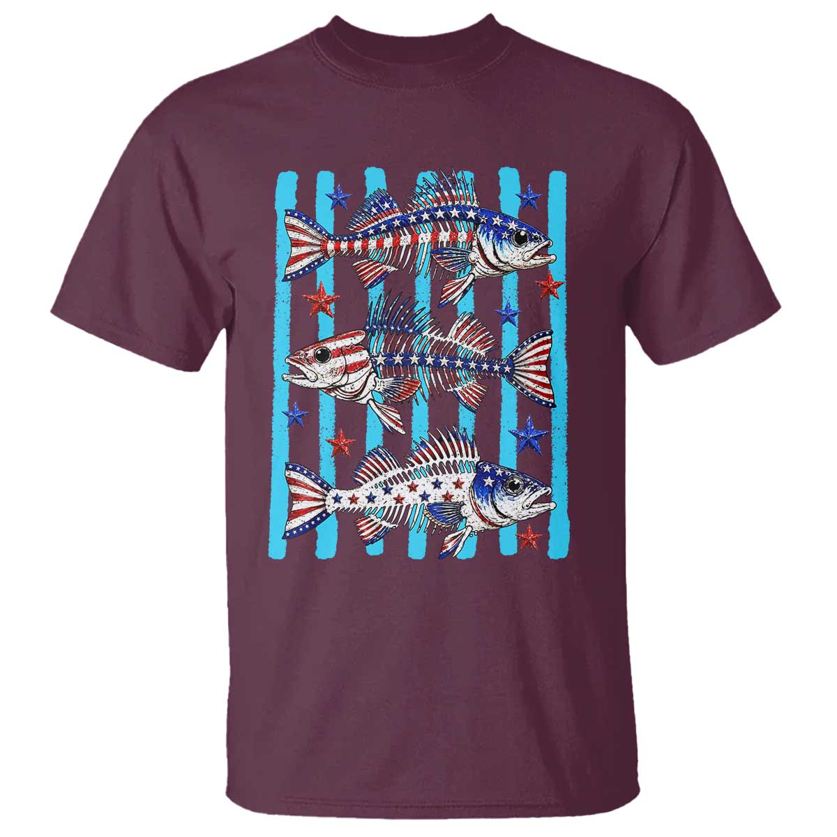 Patriotic Striped Bass Fishing Skeleton T Shirt USA Flag Angler Gift TS12 Maroon Print Your Wear
