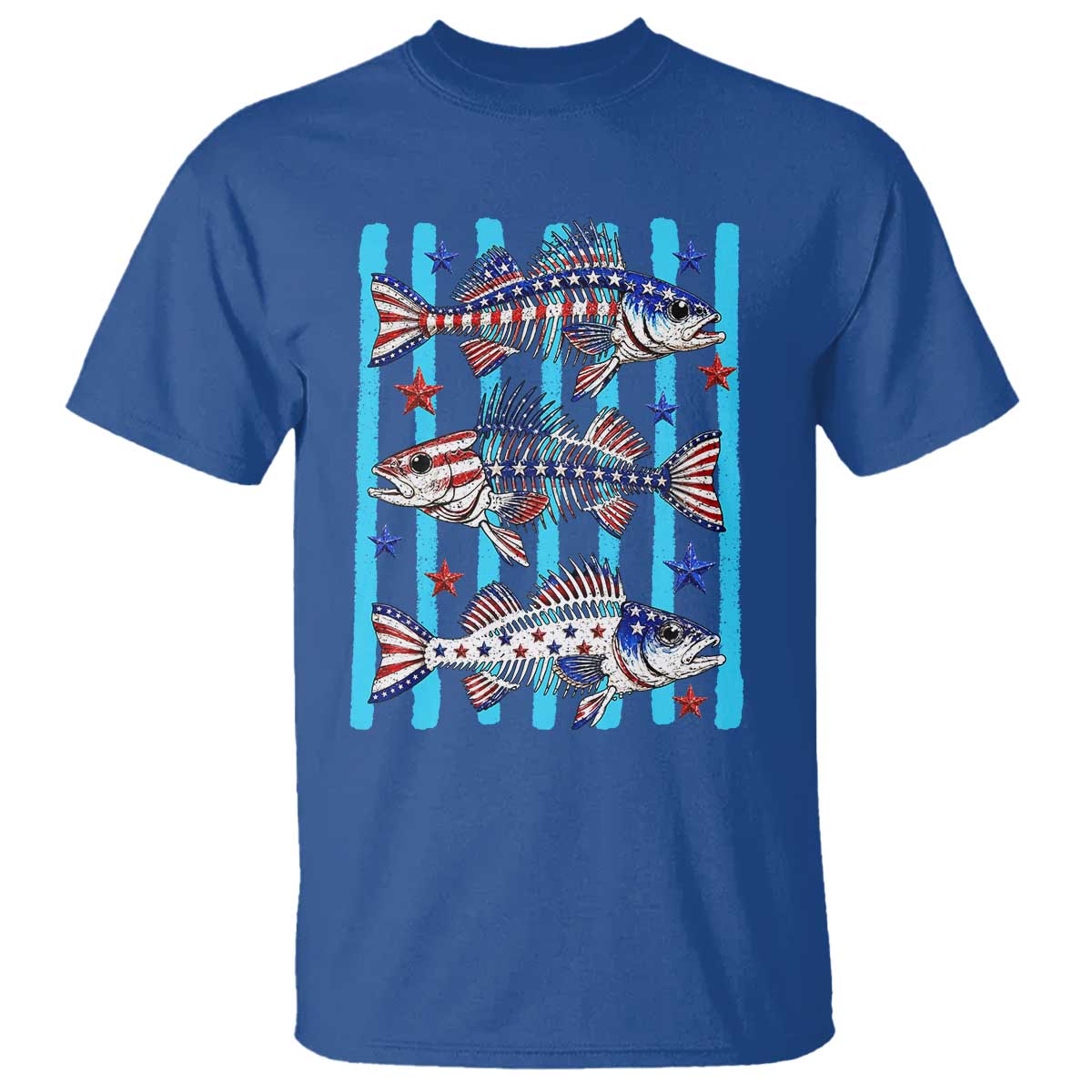 Patriotic Striped Bass Fishing Skeleton T Shirt USA Flag Angler Gift TS12 Royal Blue Print Your Wear