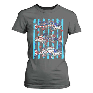 Patriotic Striped Bass Fishing Skeleton T Shirt For Women USA Flag Angler Gift TS12 Dark Heather Print Your Wear