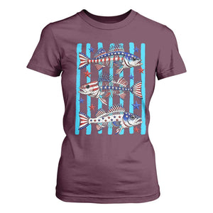 Patriotic Striped Bass Fishing Skeleton T Shirt For Women USA Flag Angler Gift TS12 Maroon Print Your Wear