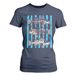 Patriotic Striped Bass Fishing Skeleton T Shirt For Women USA Flag Angler Gift TS12 Navy Print Your Wear