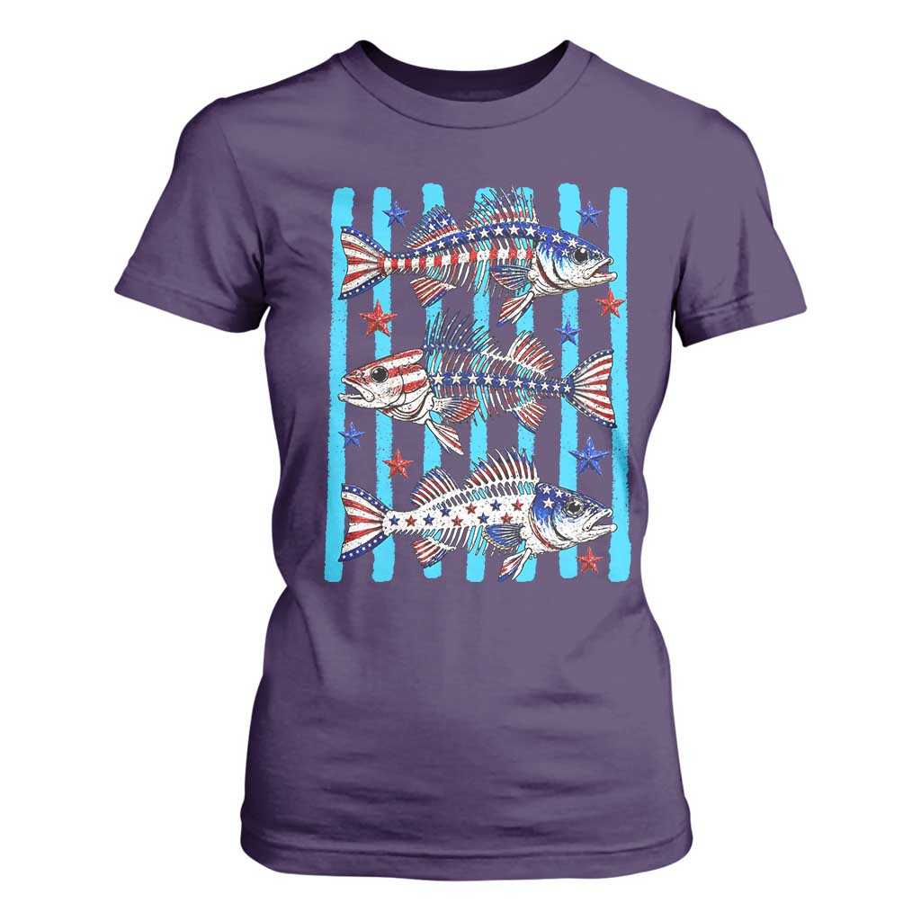 Patriotic Striped Bass Fishing Skeleton T Shirt For Women USA Flag Angler Gift TS12 Purple Print Your Wear