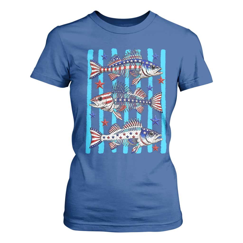 Patriotic Striped Bass Fishing Skeleton T Shirt For Women USA Flag Angler Gift TS12 Royal Blue Print Your Wear