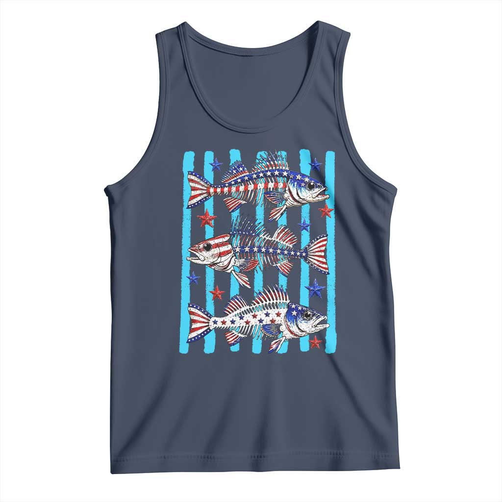Patriotic Striped Bass Fishing Skeleton Tank Top USA Flag Angler Gift TS12 Navy Print Your Wear