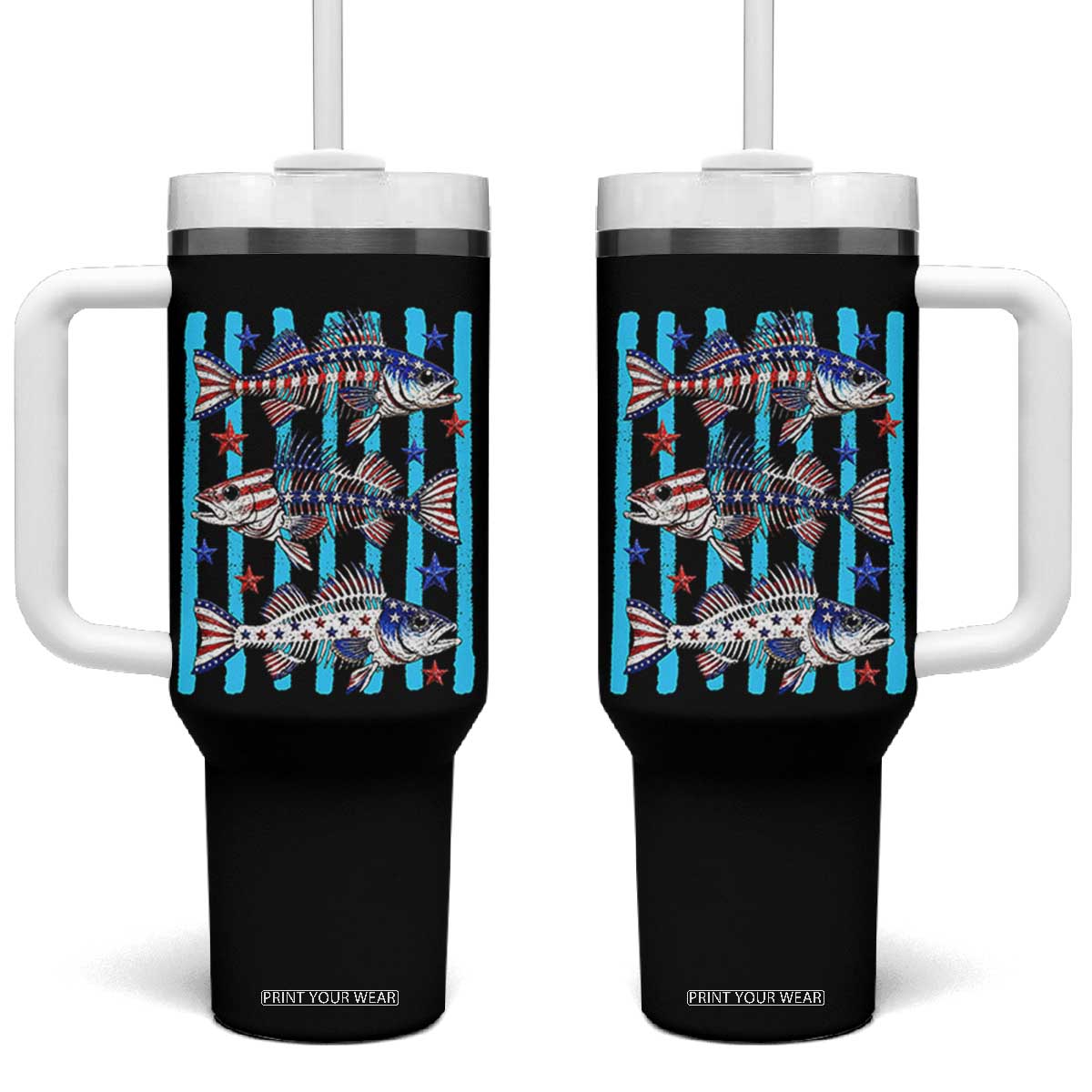 Patriotic Striped Bass Fishing Skeleton Tumbler With Handle USA Flag Angler Gift TS12 One Size: 40 oz Black Print Your Wear