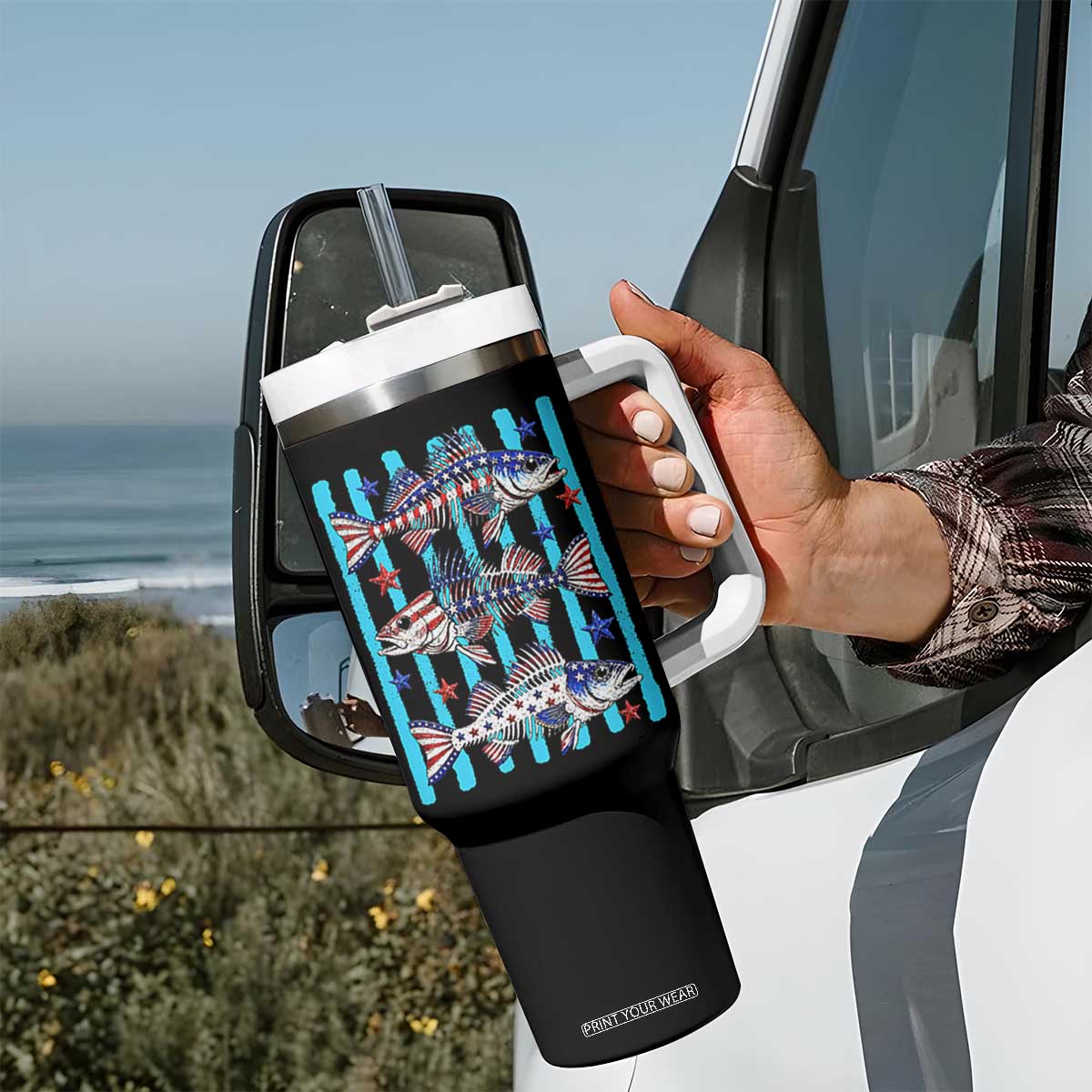 Patriotic Striped Bass Fishing Skeleton Tumbler With Handle USA Flag Angler Gift TS12 Print Your Wear