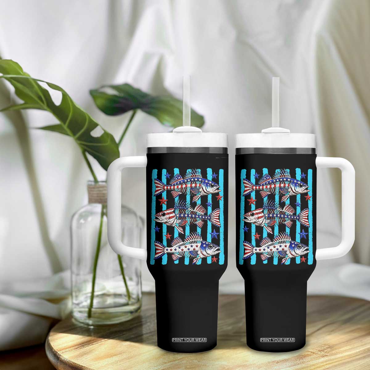 Patriotic Striped Bass Fishing Skeleton Tumbler With Handle USA Flag Angler Gift TS12 Print Your Wear