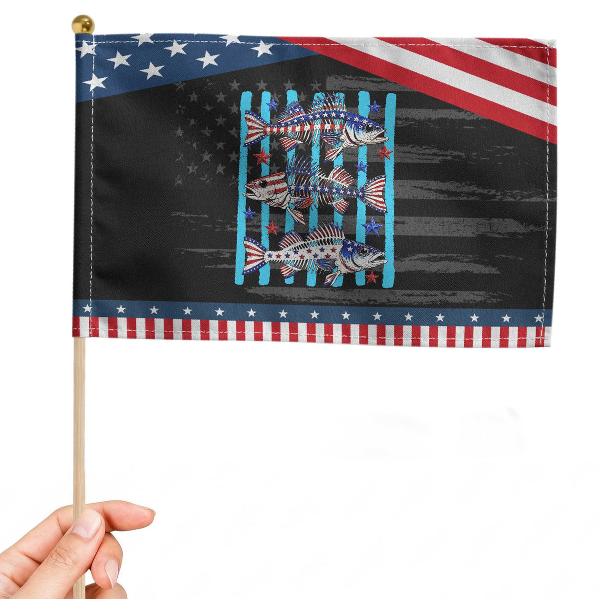 Striped Bass Fishing Skeleton Patriotic Handheld Flag USA Flag Angler Gift TS12 Distressed 8.2