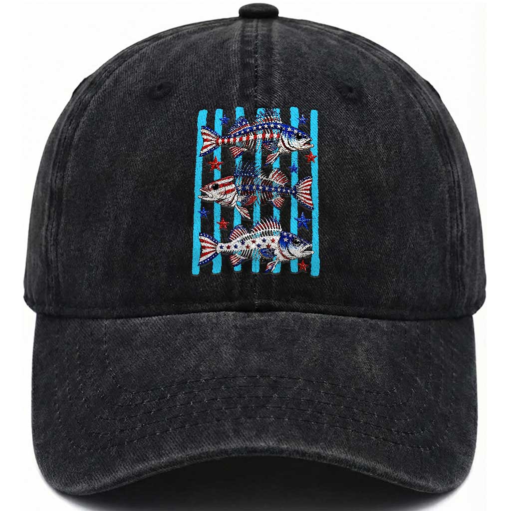 Patriotic Striped Bass Fishing Skeleton Washed Cotton Baseball Cap USA Flag Angler Gift TS12 Print Your Wear