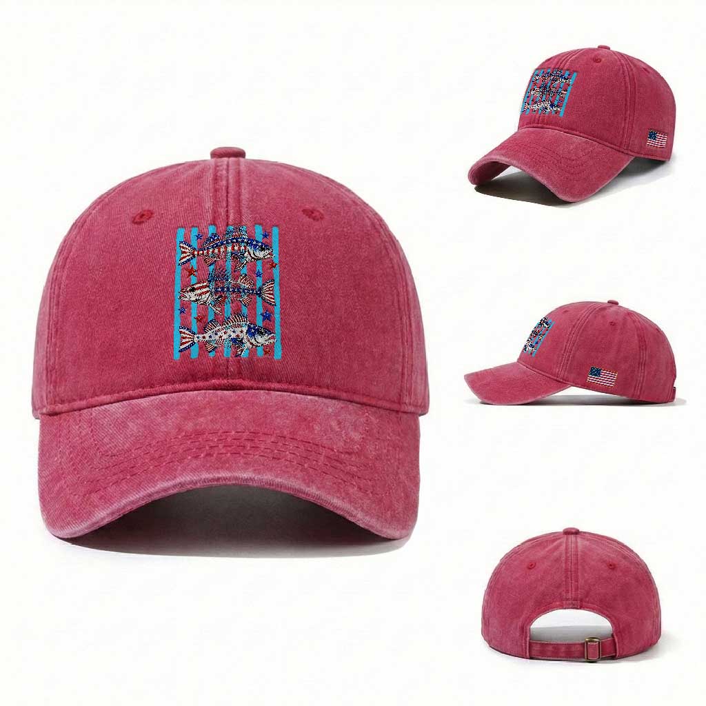 Patriotic Striped Bass Fishing Skeleton Washed Cotton Baseball Cap USA Flag Angler Gift TS12 Washed Cap Universal Fit Red Print Your Wear