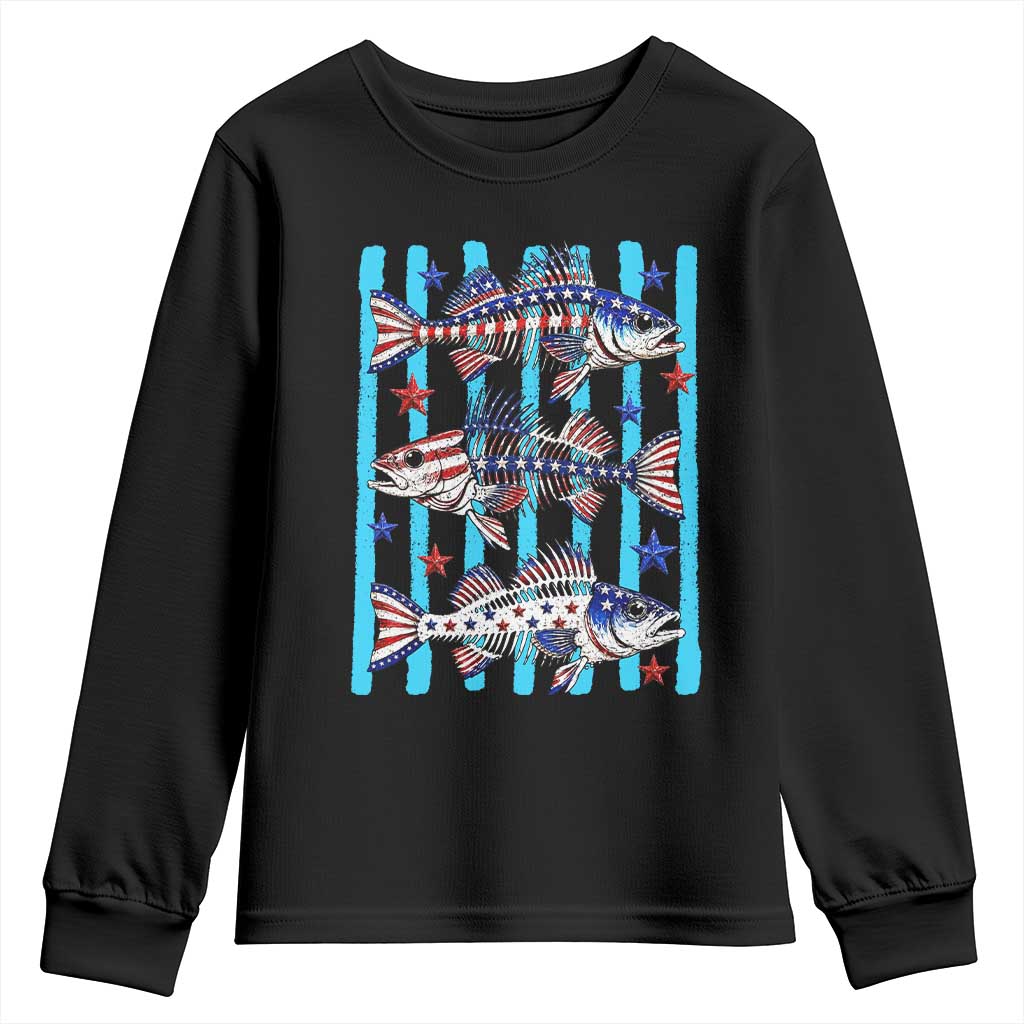 Patriotic Striped Bass Fishing Skeleton Youth Sweatshirt USA Flag Angler Gift TS12 Black Print Your Wear