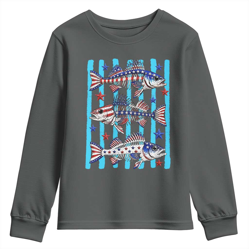 Patriotic Striped Bass Fishing Skeleton Youth Sweatshirt USA Flag Angler Gift TS12 Dark Heather Print Your Wear