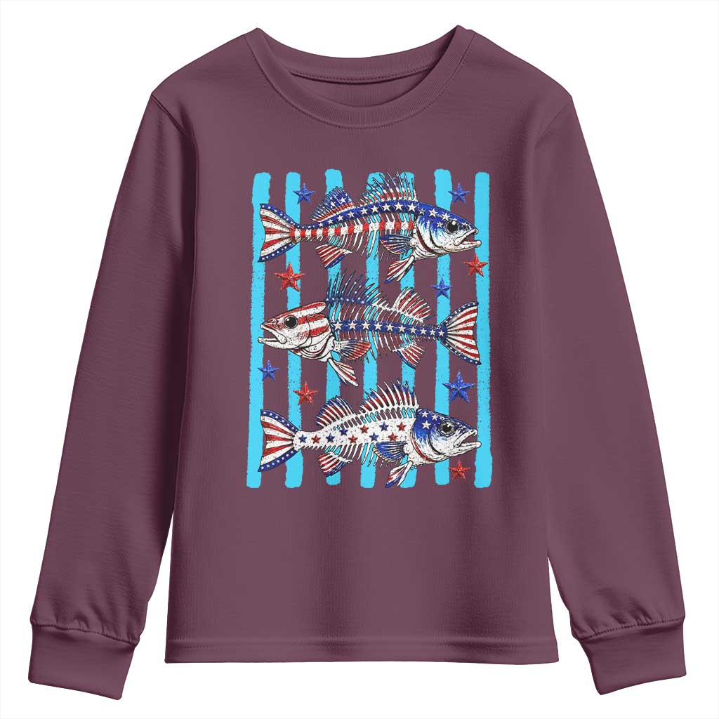 Patriotic Striped Bass Fishing Skeleton Youth Sweatshirt USA Flag Angler Gift TS12 Maroon Print Your Wear