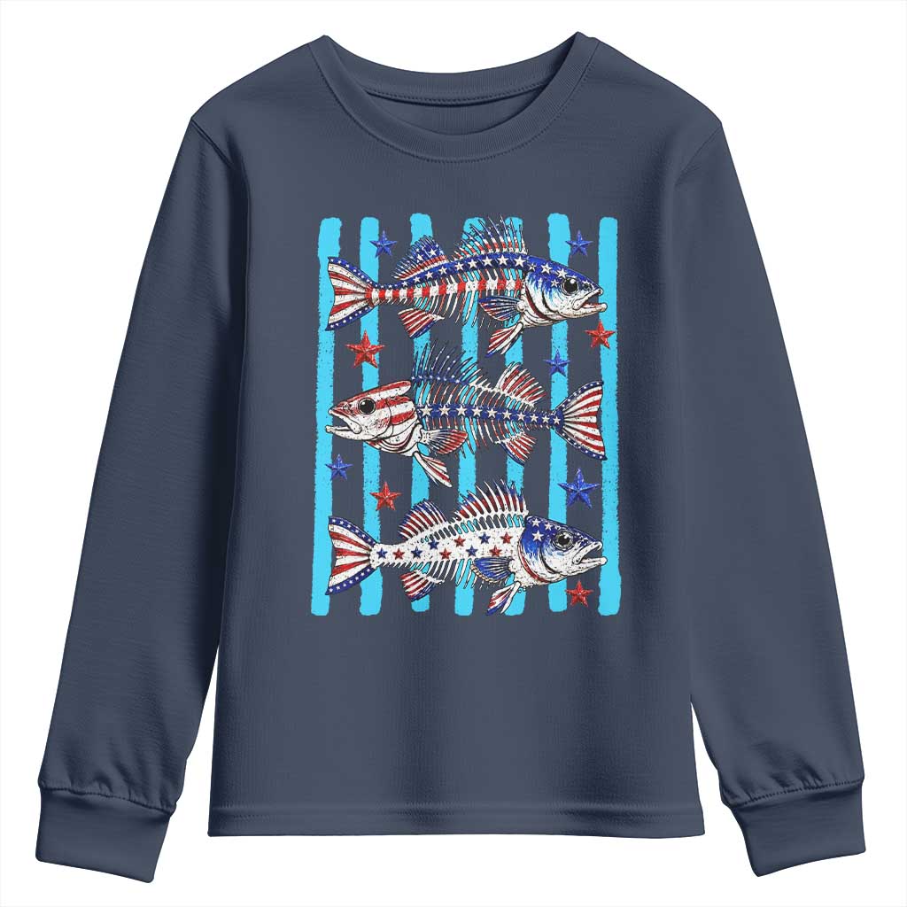 Patriotic Striped Bass Fishing Skeleton Youth Sweatshirt USA Flag Angler Gift TS12 Navy Print Your Wear