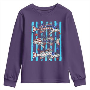 Patriotic Striped Bass Fishing Skeleton Youth Sweatshirt USA Flag Angler Gift TS12 Purple Print Your Wear