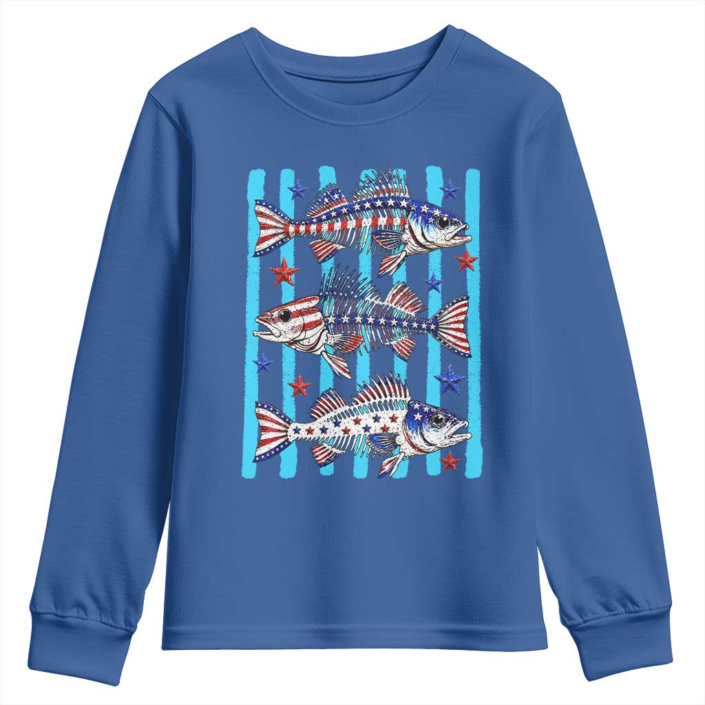 Patriotic Striped Bass Fishing Skeleton Youth Sweatshirt USA Flag Angler Gift TS12 Royal Blue Print Your Wear