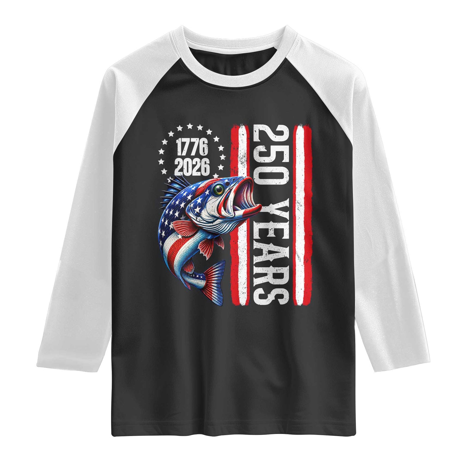 Vintage USA 250th Anniversary Bass Fishing Patriotic Gift Raglan Shirt TS12 Black White Print Your Wear