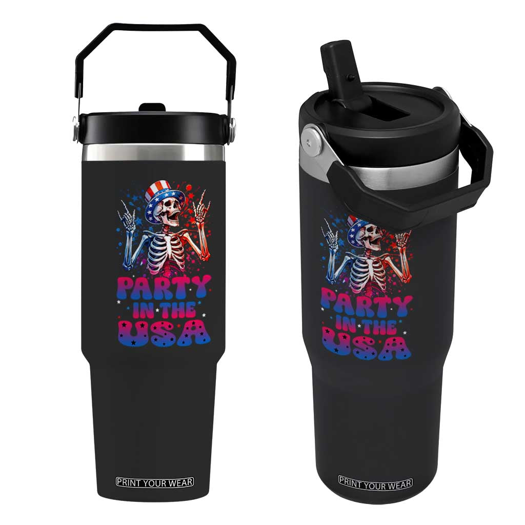 Funny Party In The USA Skeleton Rock Hand Flip Straw Tumbler 4th Of July Rocker Gift TS12 One Size: 30 oz Black Print Your Wear