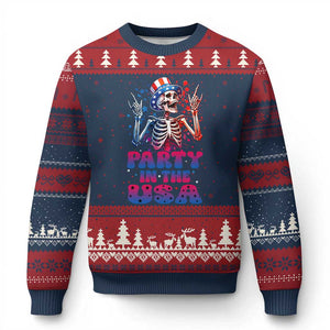 Funny Party In The USA Skeleton Rock Hand Ugly Christmas Sweater 4th Of July Rocker Gift TS12 Navy Red Print Your Wear