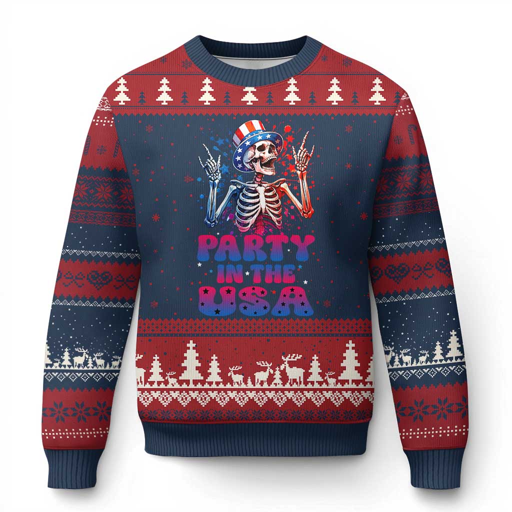 Funny Party In The USA Skeleton Rock Hand Ugly Christmas Sweater 4th Of July Rocker Gift TS12 Navy Red Print Your Wear