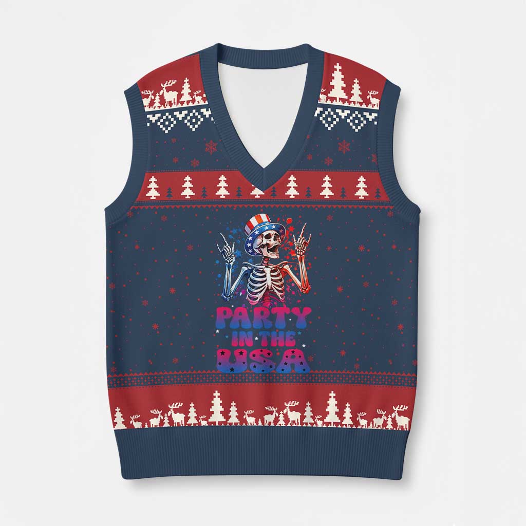 Funny Party In The USA Skeleton Rock Hand V-Neck Knit Sweater Vest 4th Of July Rocker Gift