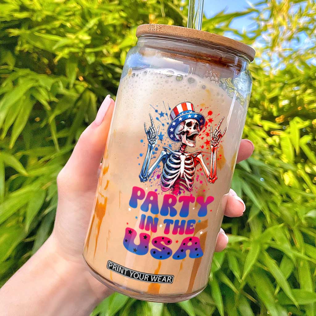 Funny Party In The USA Skeleton Rock Hand Glass Can 4th Of July Rocker Gift TS12 Black Print Your Wear