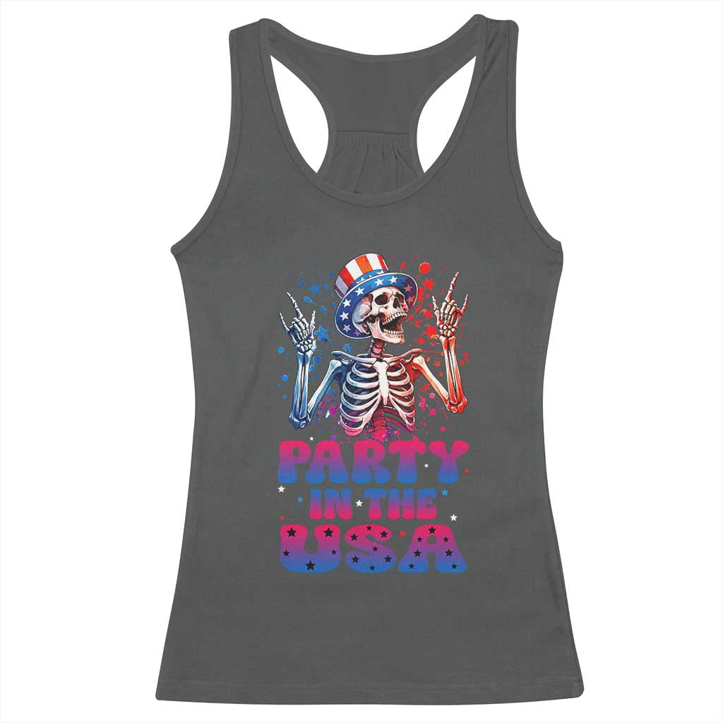 Funny Party In The USA Skeleton Rock Hand Racerback Tank Top 4th Of July Rocker Gift TS12 Dark Heather Print Your Wear