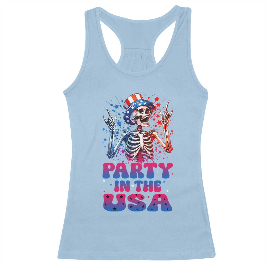 Funny Party In The USA Skeleton Rock Hand Racerback Tank Top 4th Of July Rocker Gift TS12 Light Blue Print Your Wear