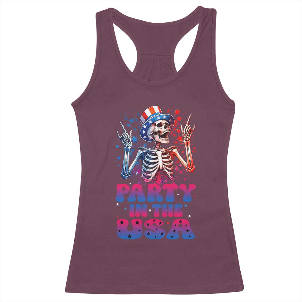 Funny Party In The USA Skeleton Rock Hand Racerback Tank Top 4th Of July Rocker Gift TS12 Maroon Print Your Wear