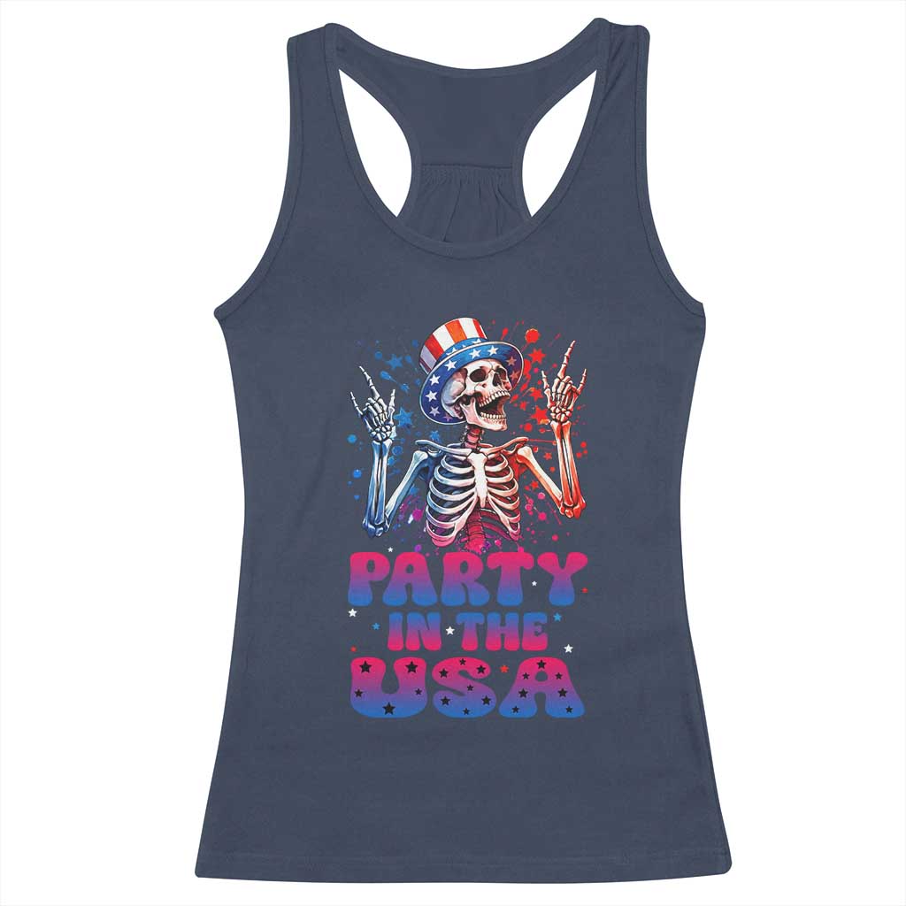 Funny Party In The USA Skeleton Rock Hand Racerback Tank Top 4th Of July Rocker Gift TS12 Navy Print Your Wear