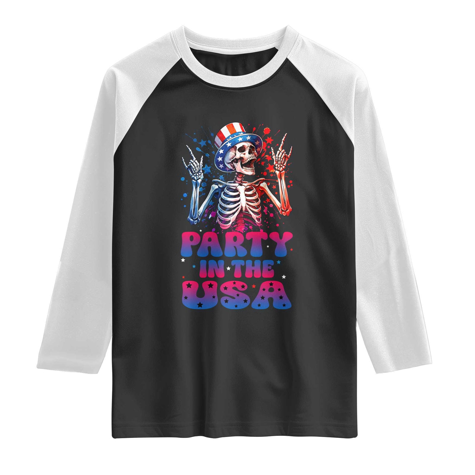 Funny Party In The USA Skeleton Rock Hand Raglan Shirt 4th Of July Rocker Gift TS12 Black White Print Your Wear