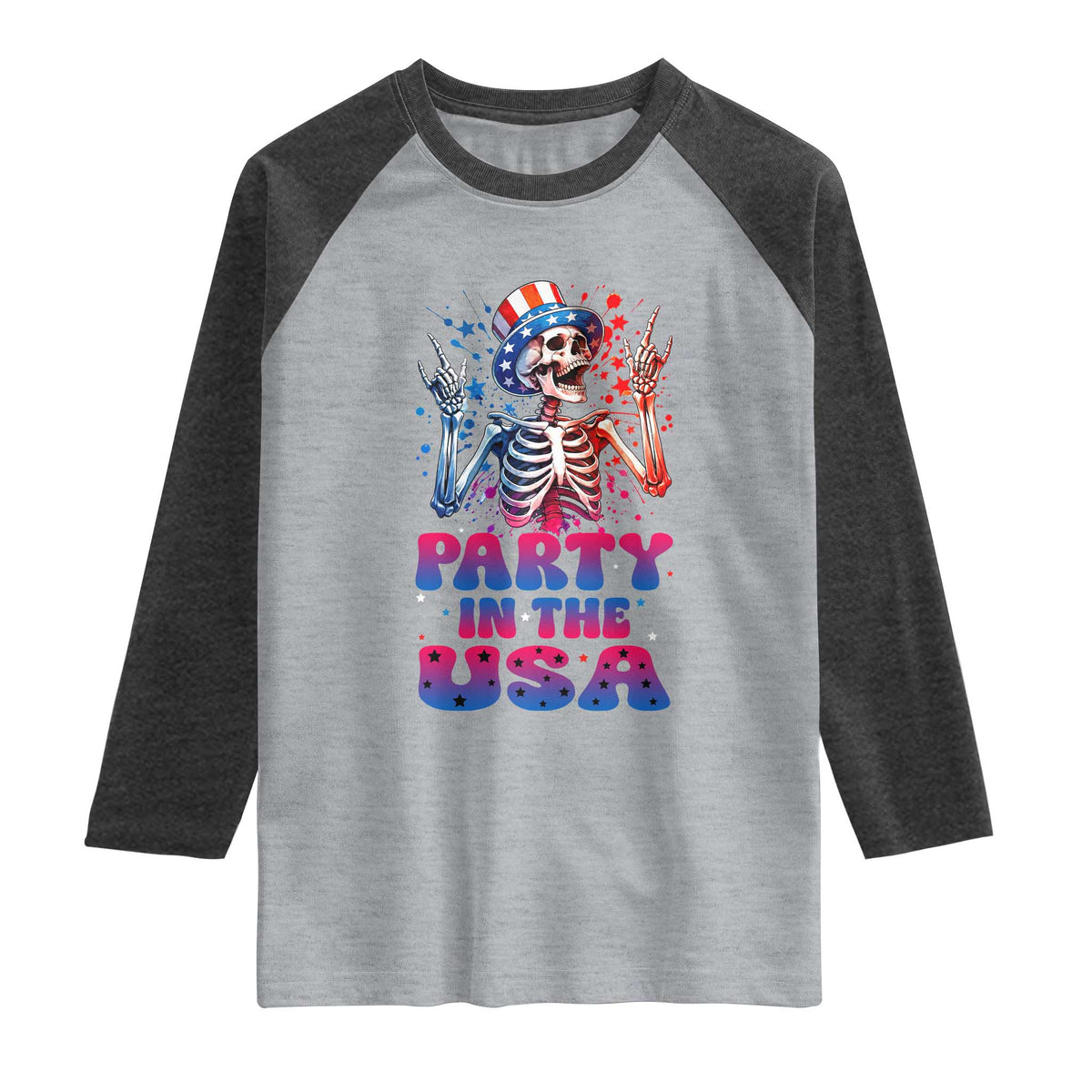 Funny Party In The USA Skeleton Rock Hand Raglan Shirt 4th Of July Rocker Gift