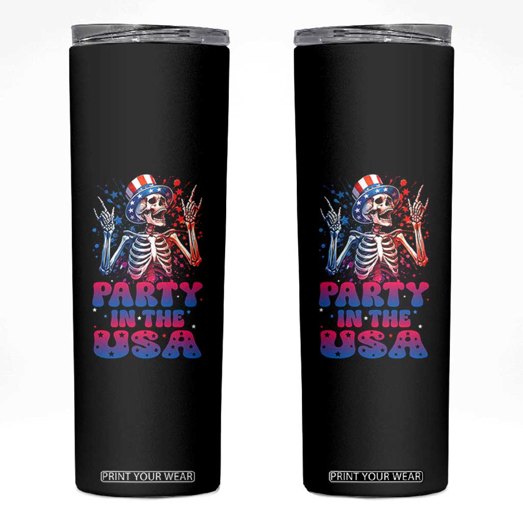 Funny Party In The USA Skeleton Rock Hand Skinny Tumbler 4th Of July Rocker Gift