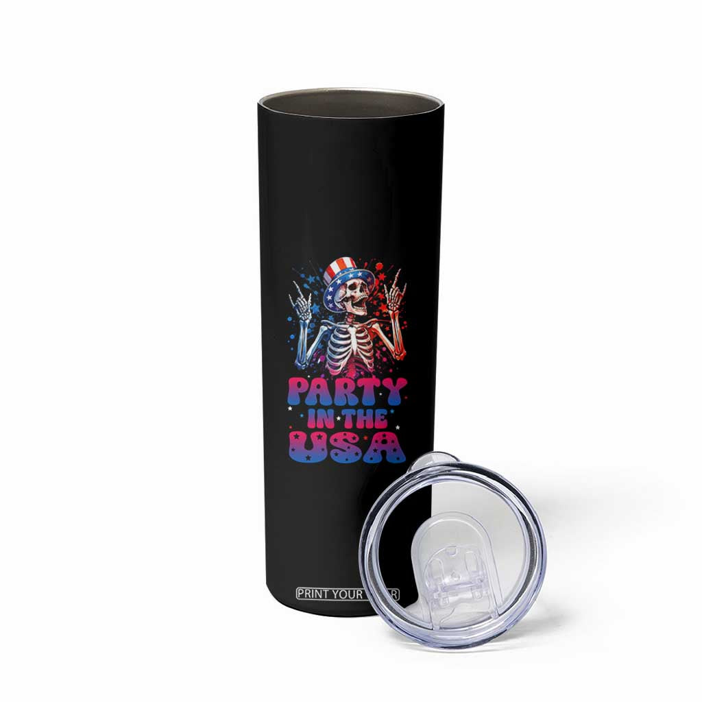 Funny Party In The USA Skeleton Rock Hand Skinny Tumbler 4th Of July Rocker Gift