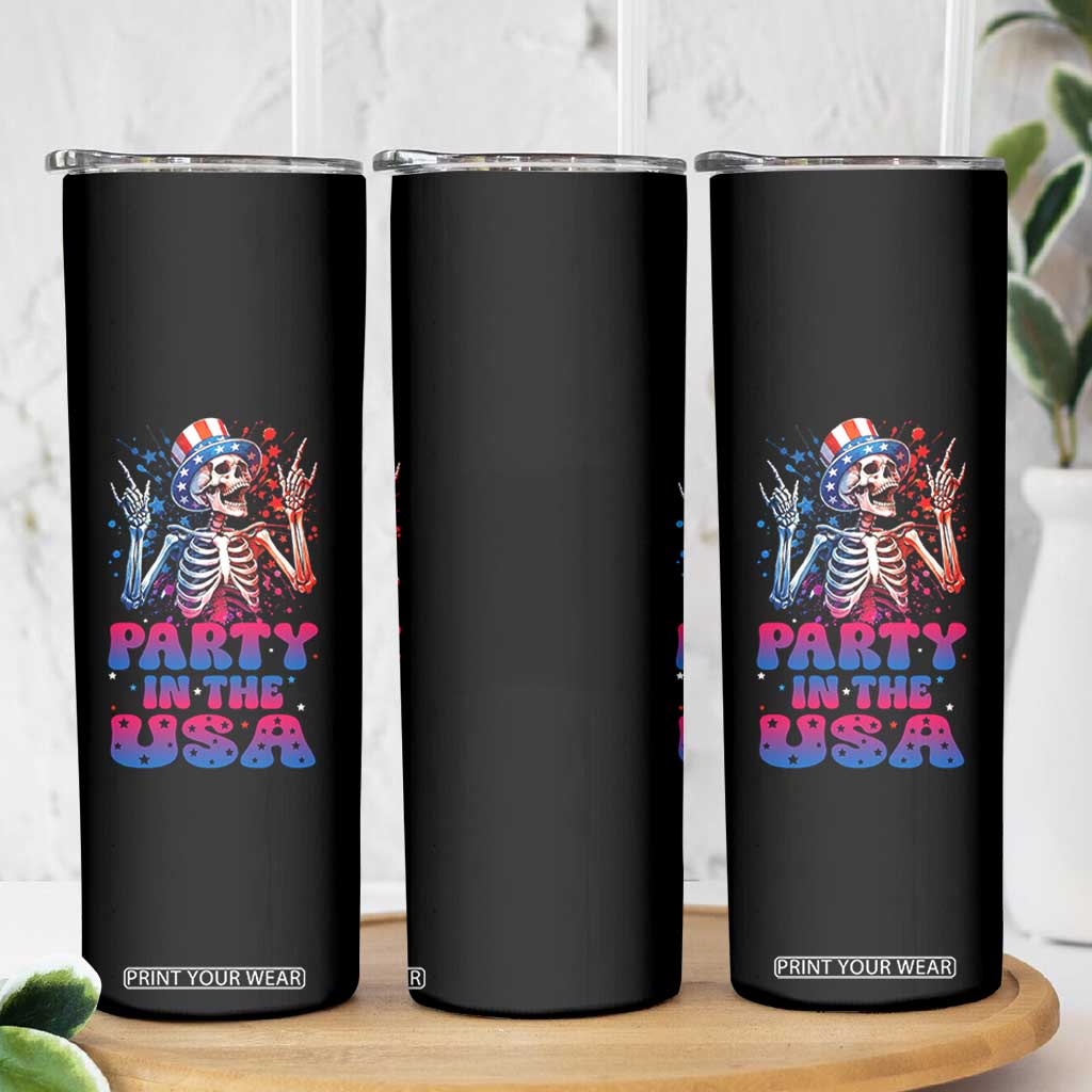 Funny Party In The USA Skeleton Rock Hand Skinny Tumbler 4th Of July Rocker Gift