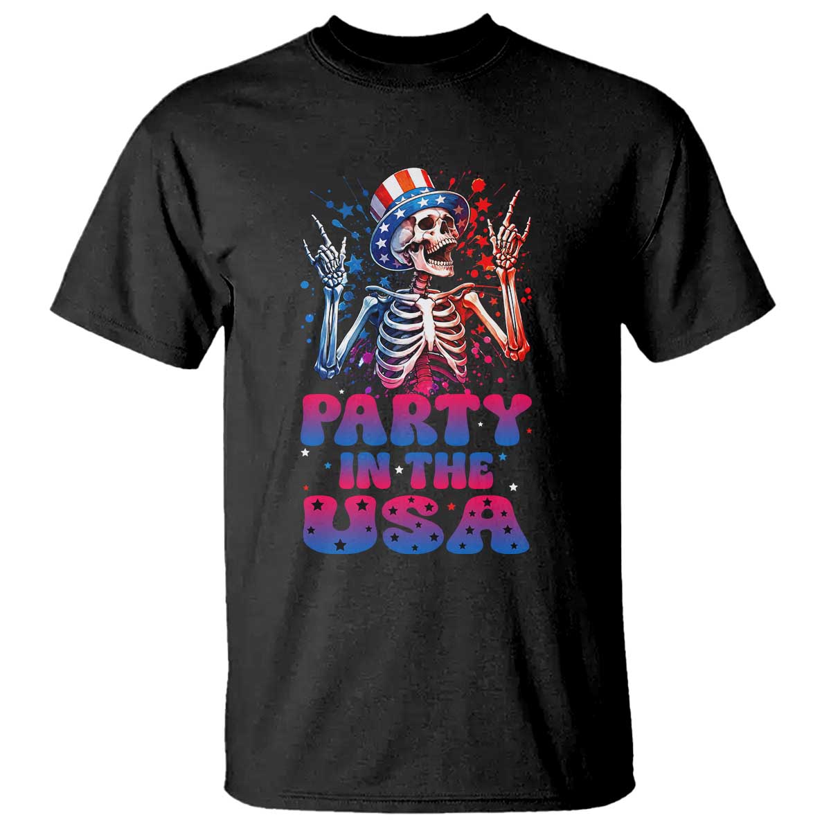 Funny Party In The USA Skeleton Rock Hand T Shirt 4th Of July Rocker Gift TS12 Black Print Your Wear