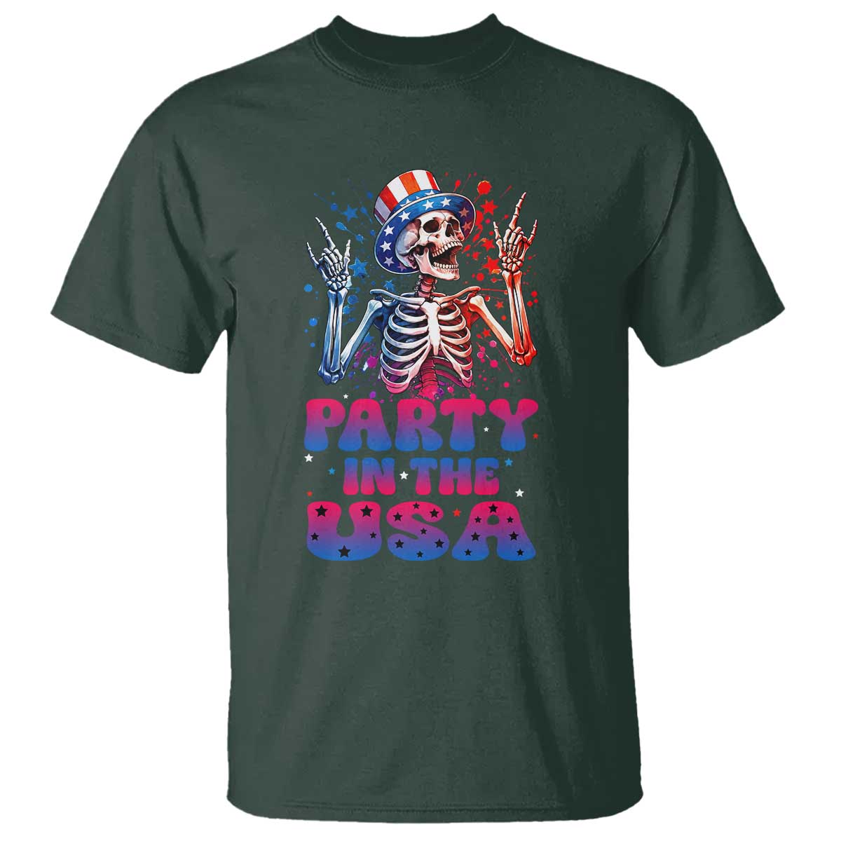 Funny Party In The USA Skeleton Rock Hand T Shirt 4th Of July Rocker Gift TS12 Dark Forest Green Print Your Wear