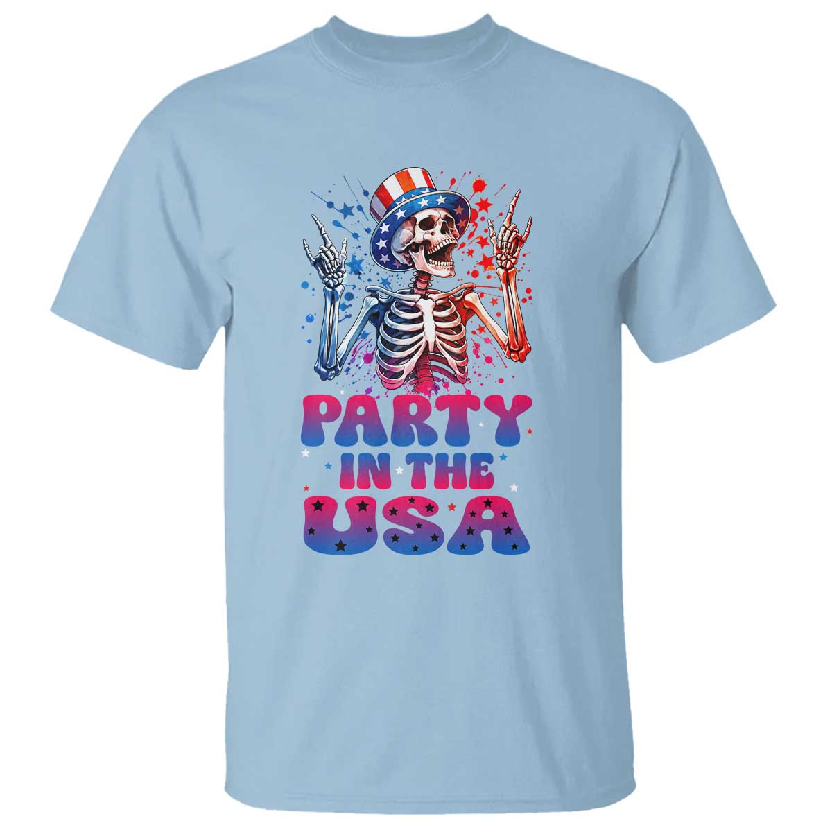 Funny Party In The USA Skeleton Rock Hand T Shirt 4th Of July Rocker Gift TS12 Light Blue Print Your Wear
