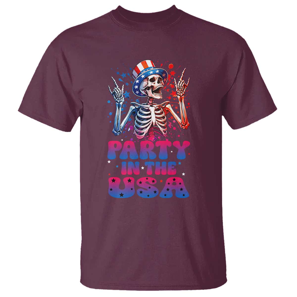 Funny Party In The USA Skeleton Rock Hand T Shirt 4th Of July Rocker Gift TS12 Maroon Print Your Wear