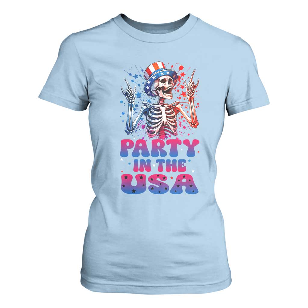 Funny Party In The USA Skeleton Rock Hand T Shirt For Women 4th Of July Rocker Gift TS12 Light Blue Print Your Wear