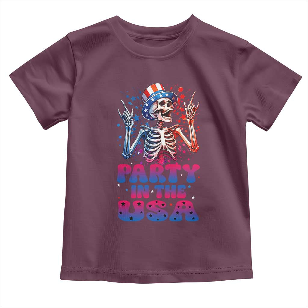Funny Party In The USA Skeleton Rock Hand Toddler T Shirt 4th Of July Rocker Gift TS12 Maroon Print Your Wear